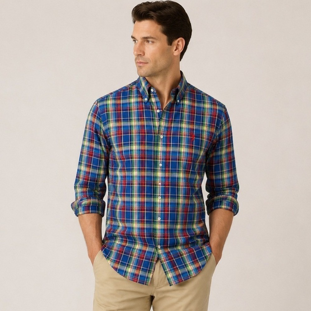 POLO RALPH LAUREN Men's S Classic Fit Madras Plaid Button Up Shirt Linen Blend